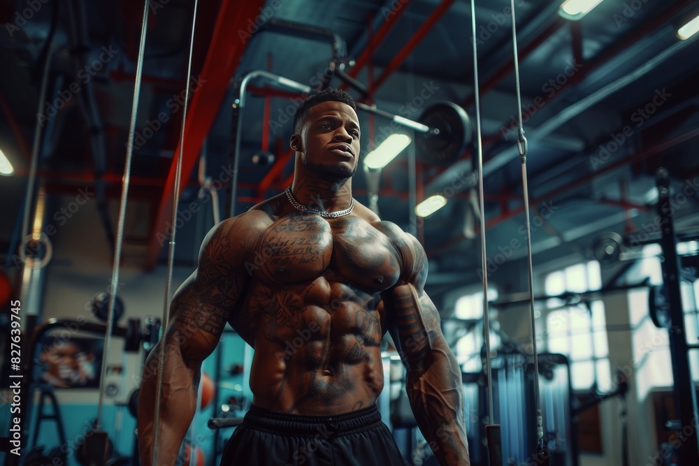 Bodybuilder showcasing muscle definition during a weightlifting session at a high tech gym, reflecting dedication and high performance