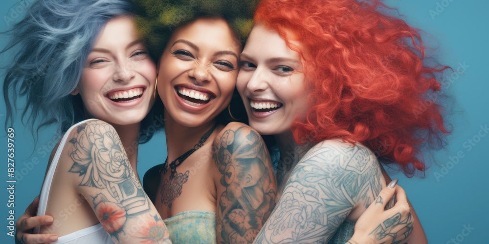 Three women with colorful hair and tattoos are smiling and hugging each other. Concept of friendship and camaraderie, as the women share a moment of joy and connection Three women with colorful hair and tattoos are smiling and hugging each other. Concept of friendship and camaraderie, as the women share a moment of joy and connection