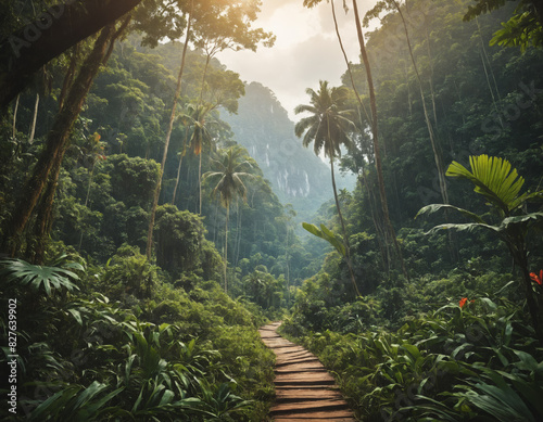 Path Through Dense Tropical Rainforest with Tall Palm Trees