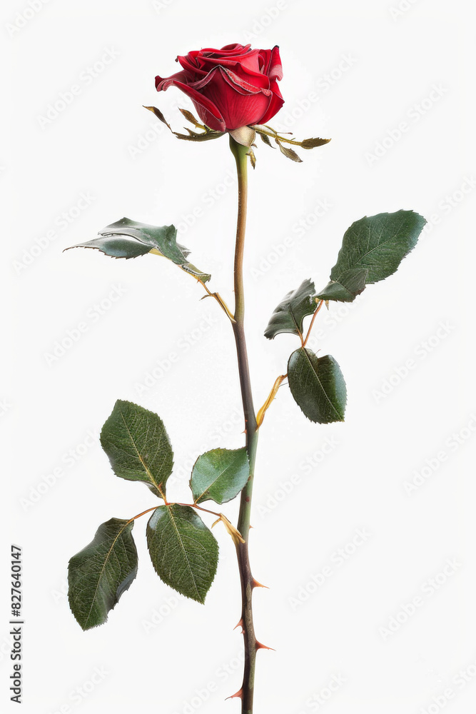 Obraz premium Single red rose with green leaves and thorns on a white background. Symbol of love, beauty, and passion. Perfect for romantic themes.