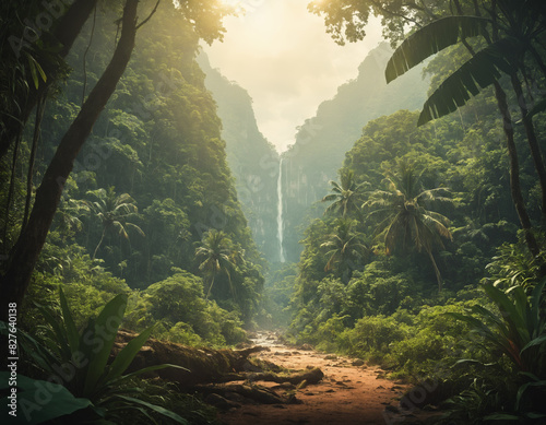 Majestic Tropical Rainforest with a Waterfall and Riverbed Path