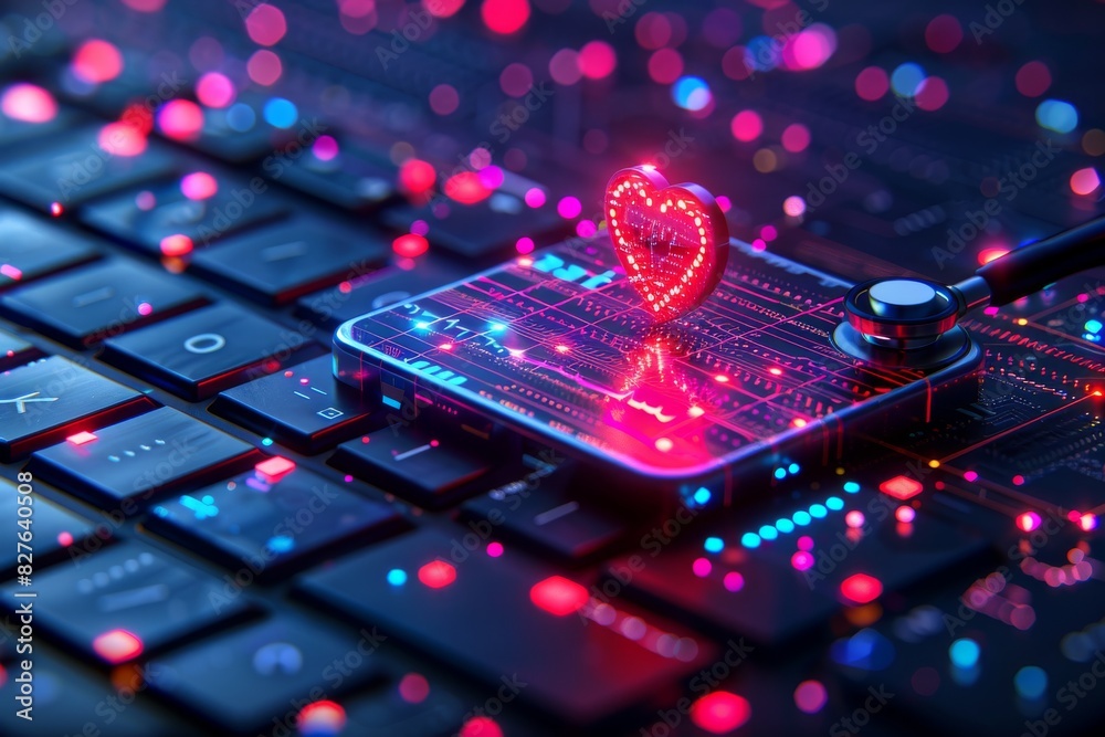 Heartbeat visualized on a vibrant, neon lit display, representing the fusion of health technology and data analytics Heartbeat visualized on a vibrant, neon lit display, representing the fusion of health technology and data analytics