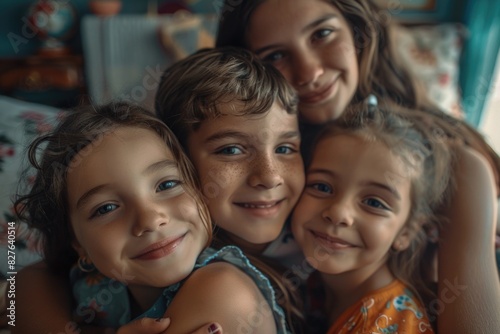 A group of young girls are hugging each other, with one girl wearing a blue shirt. Scene is warm and loving, as the girls are showing affection towards one another