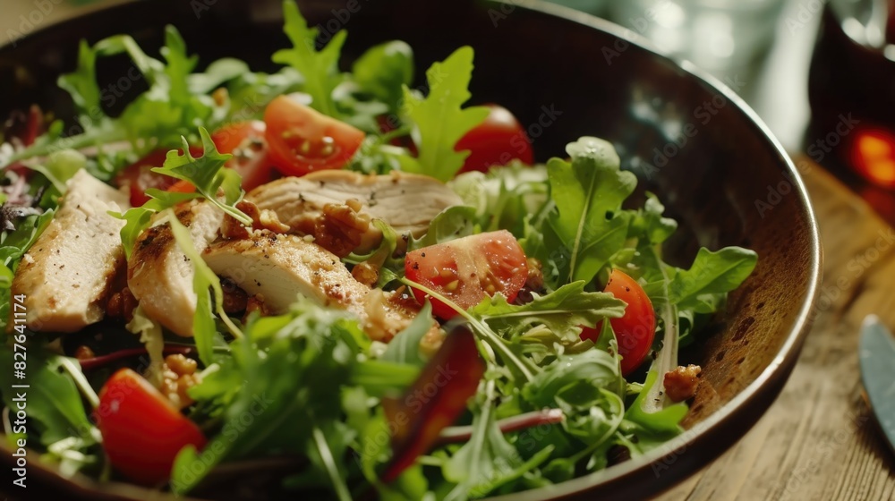 A bowl of salad with chicken and tomatoes. The salad is served on a wooden table A bowl of salad with chicken and tomatoes. The salad is served on a wooden table
