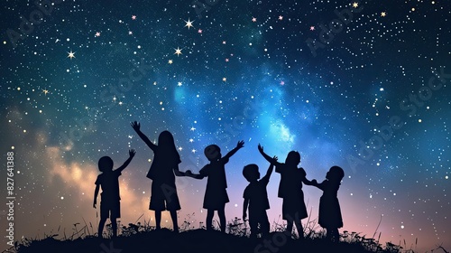 Silhouette of group of children with starry sky background. © Sattawat