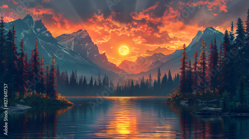 sunset in the mountains, Painting of a mountain scene with a lake and a crescent generative ai photo