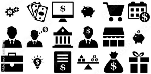 Set Of Linear Finance Icons Collection Isolated Silhouette Solid Icons Including Bank,Money,Dollar,Finance,Coin Simple Black Style Symbol Sign For Apps And Website, Vector Illustration