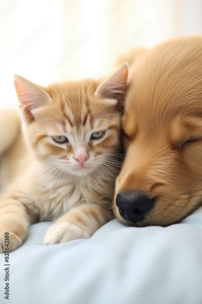 A cat and a dog are sleeping together on a bed. The cat is looking away from the camera, while the dog is looking at the camera