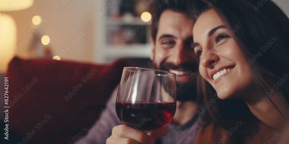 A man and woman are holding a wine glass and smiling at the camera. Scene is happy and romantic A man and woman are holding a wine glass and smiling at the camera. Scene is happy and romantic