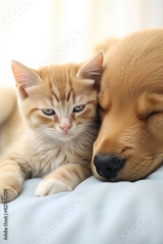 A cat and a dog are sleeping together on a bed. The cat is looking away from the camera, while the dog is looking at the camera