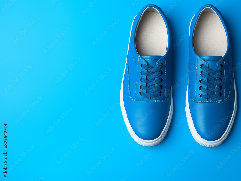 Stylish and comfy shoes arranged on blue surface, ideal for text insertion Stylish and comfy shoes arranged on blue surface, ideal for text insertion