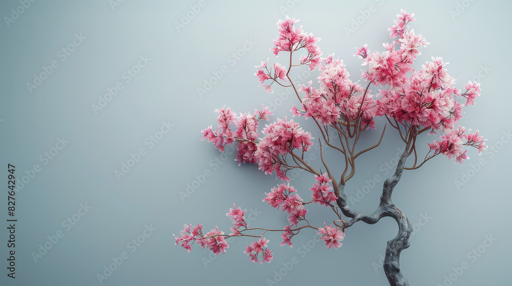 The image is a digital painting of a cherry blossom tree in full bloom against a pale blue background The image is a digital painting of a cherry blossom tree in full bloom against a pale blue background