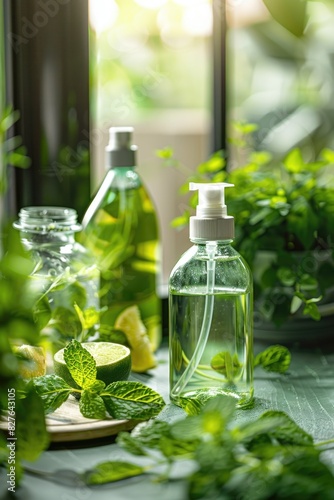 A bottle of green liquid with a green plant next to it