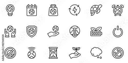 Set Of Linear Earth Hour Vector Symbols Apps, Websites Ui Designs Suitable For Earth-Hour,Ecology,Eco,Save-Energy,Ecology-And-Environment Outline Icons Collection. Simple Vector Illustration