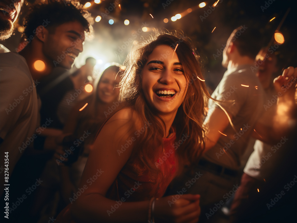 Youthful crowd dances joyfully under the night sky Youthful crowd dances joyfully under the night sky