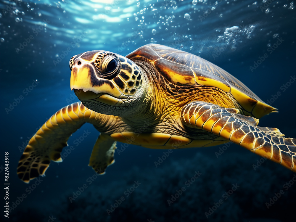Obraz premium Submerged beneath the waves, a yellow-cheeked turtle glides gracefully in its aquatic realm