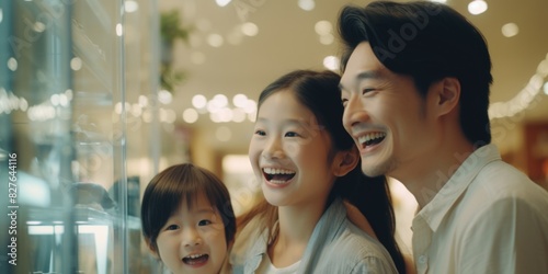 A family of three  a man and two children  are smiling and laughing together. Scene is happy and joyful