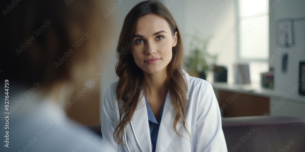A woman in a white coat is sitting in a room with a woman behind her. Scene is serious and professional A woman in a white coat is sitting in a room with a woman behind her. Scene is serious and professional