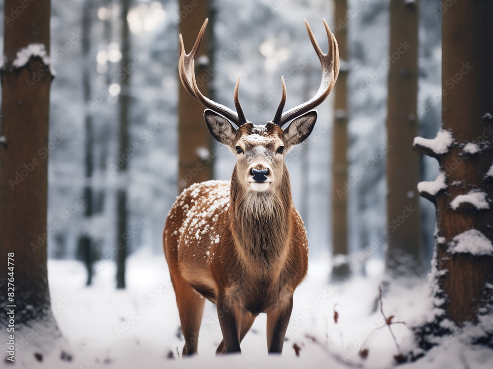 In the wintry woods, a majestic deer poses with antlers In the wintry woods, a majestic deer poses with antlers