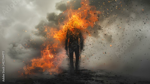 In a powerful image, a solitary figure is engulfed by the flames of burning daily pressure disorder, their silhouette stark against a backdrop of gray photo
