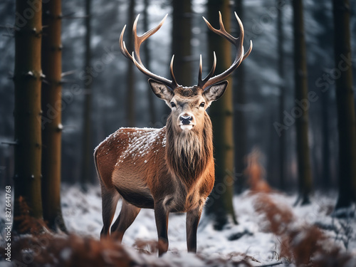 Antlered grace amidst snowy woods, a deer poses © Llama-World-studio