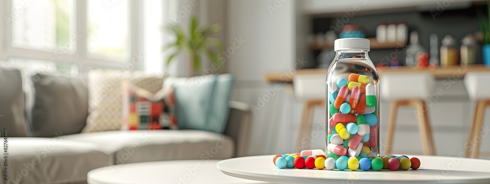 Bright Colored Vitamins In Jars On Kitchen Counter With Plants Bright Colored Vitamins In Jars On Kitchen Counter With Plants