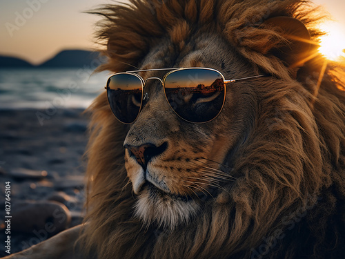 Against the sunset's glow, a lion exudes laid-back charm in shades photo