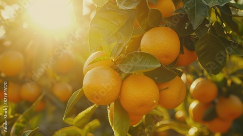 A bunch of oranges hanging from a tree in the sun. The oranges are ripe and ready to be picked