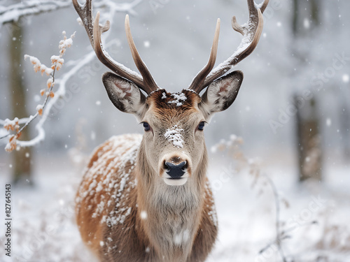 A male fallow deer's noble stance is highlighted against snowy terrain