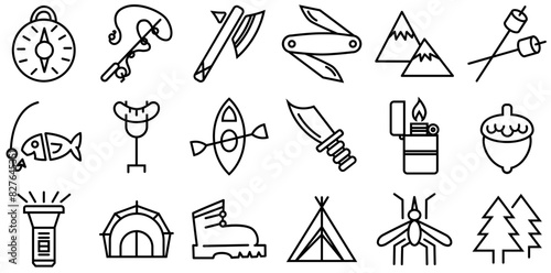 Set Of Linear Camping In The Great Outdoors Vector Symbols Apps, Websites Ui Designs Suitable For Fishing,Fall,Camping,Tent,Knife Vector Illustration Linear Pictogram Pack