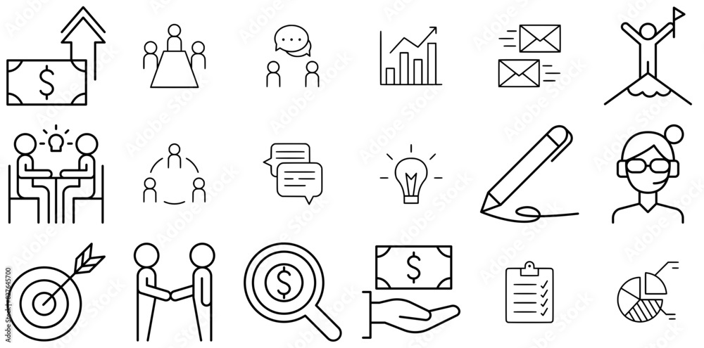 Set Of Business Consulting Icons Silhouette Vector Logo Design Containing Discussion,Business,Consulting,Talking,Money Stroke Icon Collection. Vector Illustration