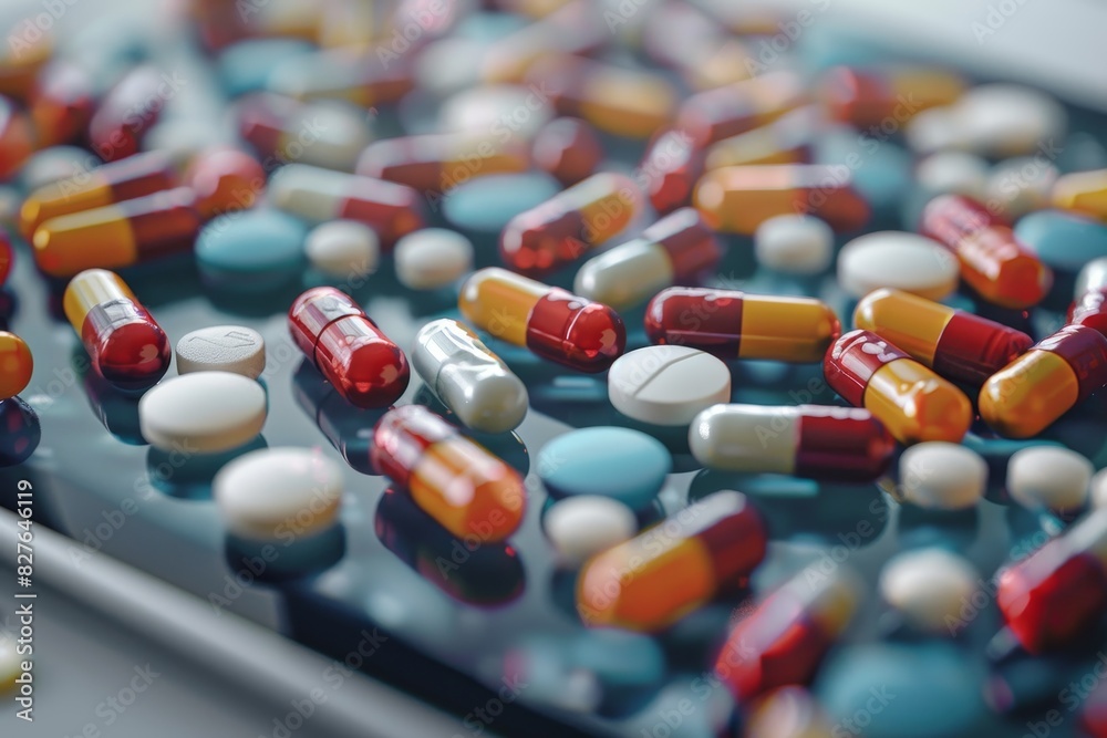 A close up of many different colored pills on a table A close up of many different colored pills on a table