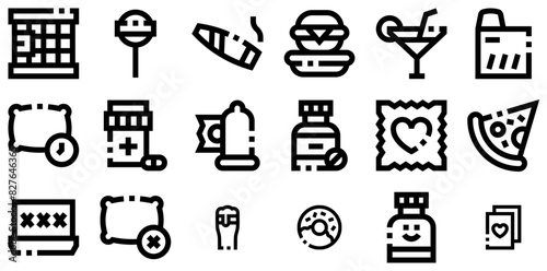 Set Of Linear Bad Habits Outline Icons Collection Isolated Silhouette Solid Icons Including Dessert,Food,Sweet,Drug,Alcohol Business Infographic Elements Logo Vector Illustration