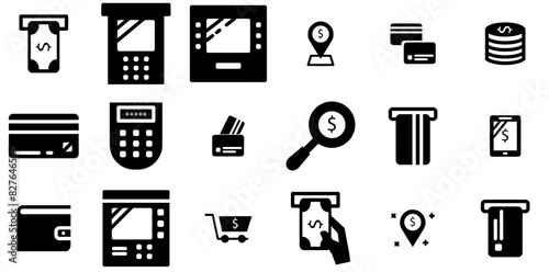 Set Of Atm Icons Web Header Banner Design Containing Credit-Card,Money,Atm-Machine,Dollar Vector Icon Set Linear Pictogram Pack