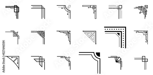 Set Of Linear Art Deco Corner Ornaments Icons Collection Isolated Silhouette Solid Icons Including Circle,Deco,Line,Art,Pattern Stroke Icon Collection. Vector Illustration