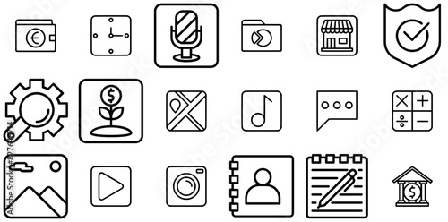 Mega Set Of Vector Application Icons Web Header Banner Design Containing User-Interface,Mobile,Ui,Application,Contact Stroke Icon Collection. Vector Illustration
