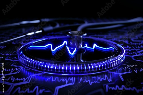 Neon heart beating in a rhythmic glow, set against a high tech backdrop, symbolizing the pulse of life sustained by medical technology