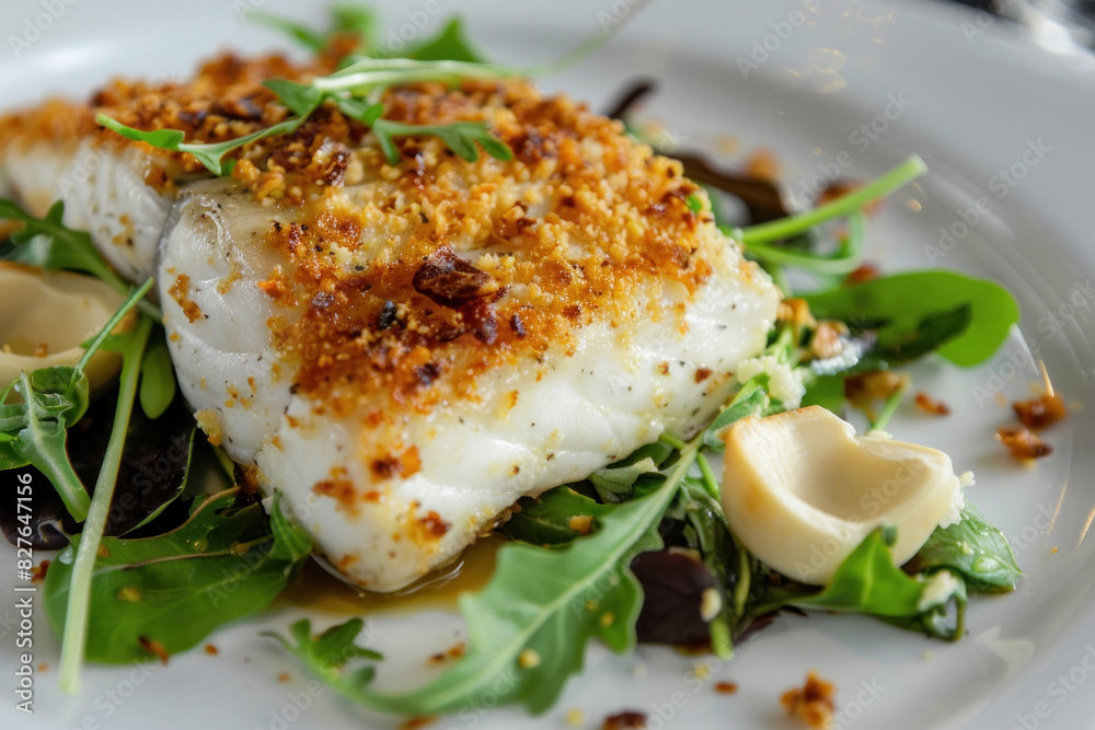 Herb-Crusted Halibut with Fresh Greens and Mushrooms Herb-Crusted Halibut with Fresh Greens and Mushrooms