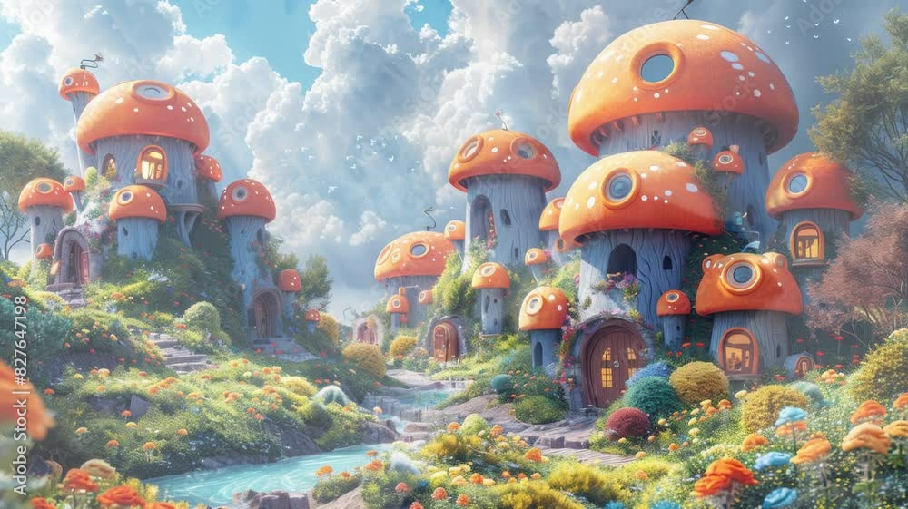 Whimsical village with mushroom-shaped houses amid lush greenery and a ...