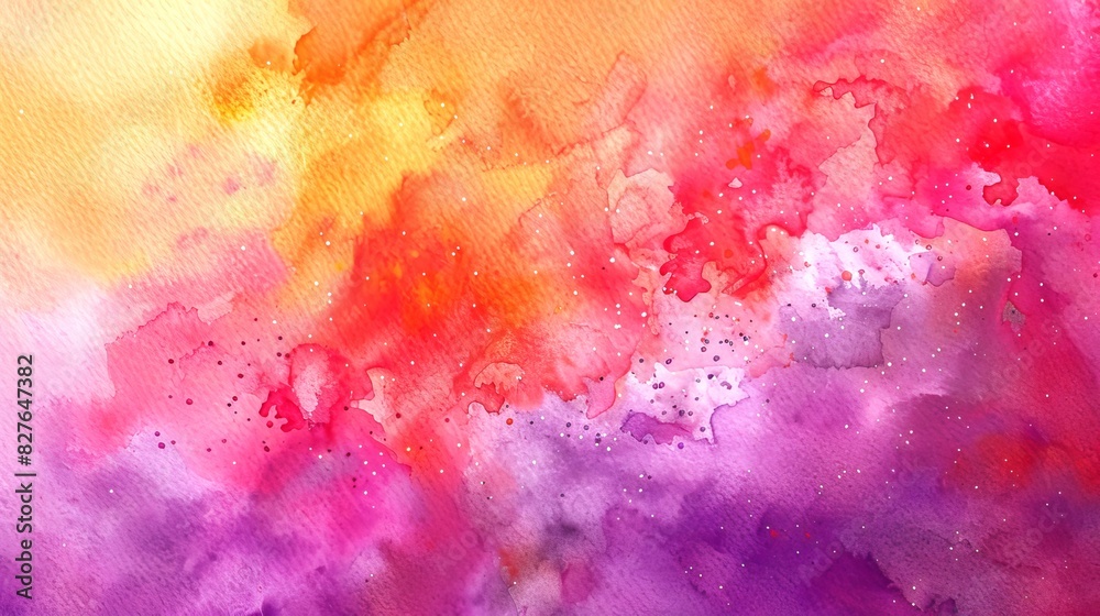 Fototapeta premium Vibrant watercolor abstract with orange, red, and purple hues. Artistic splash background. Concept of creativity, fluid art, colorful design. Banner. Copy space