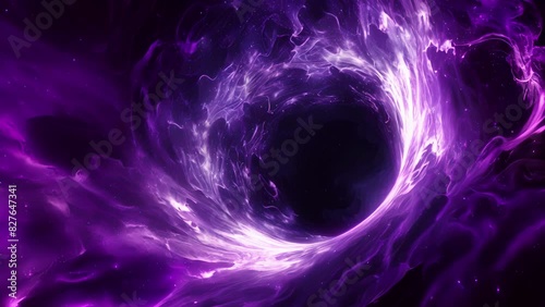 A black hole surrounded by swirling and warping purple threads symbolizing the immense gravitational pull that can distort the fabric of spacetime. photo