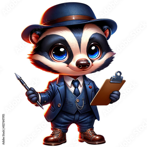 Adorable cartoon raccoon in a blue suit and hat holding a clipboard and pen, giving a professional and charming vibe.