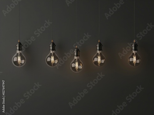 6 hanging light bulbs on dark wall, one bulb is glowing, photorealistic,