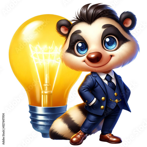 Adorable cartoon badger in a business suit standing next to a giant lightbulb, symbolizing ideas and innovation.