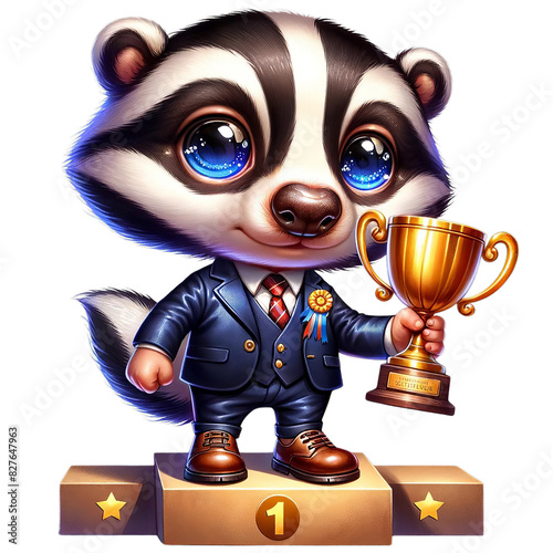 Adorable raccoon character in a suit holding a gold trophy on a podium, celebrating victory with big blue eyes and a charming smile.