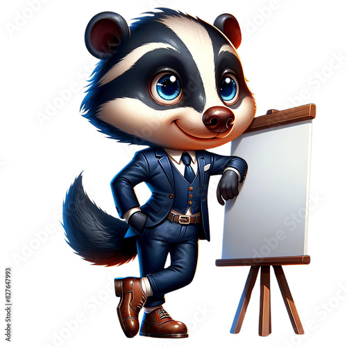 Adorable cartoon badger in a business suit standing by a whiteboard, ideal for presentations, education, and business themes.