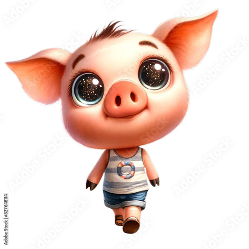Adorable cartoon piglet in beachwear walking on the sand by the ocean, perfect for summer and vacation themes.