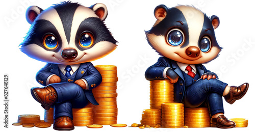 Adorable cartoon badger in a business suit sitting confidently on stacks of coins, ideal for finance and wealth themes.