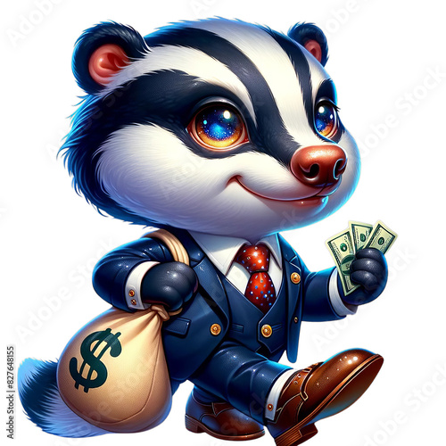 Adorable cartoon badger in a business suit holding a money bag and cash, perfect for financial and business success themes.