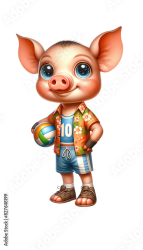 Adorable cartoon piglet in a Hawaiian shirt and sports outfit holding a volleyball on the beach, perfect for summer and sports themes.